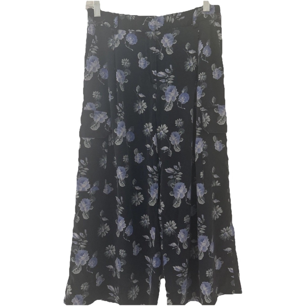 Becken Navy Floral Pleated 6 Silk Pants Wide Legged Cropped Pants Coastal Gaucho - Picture 2 of 8